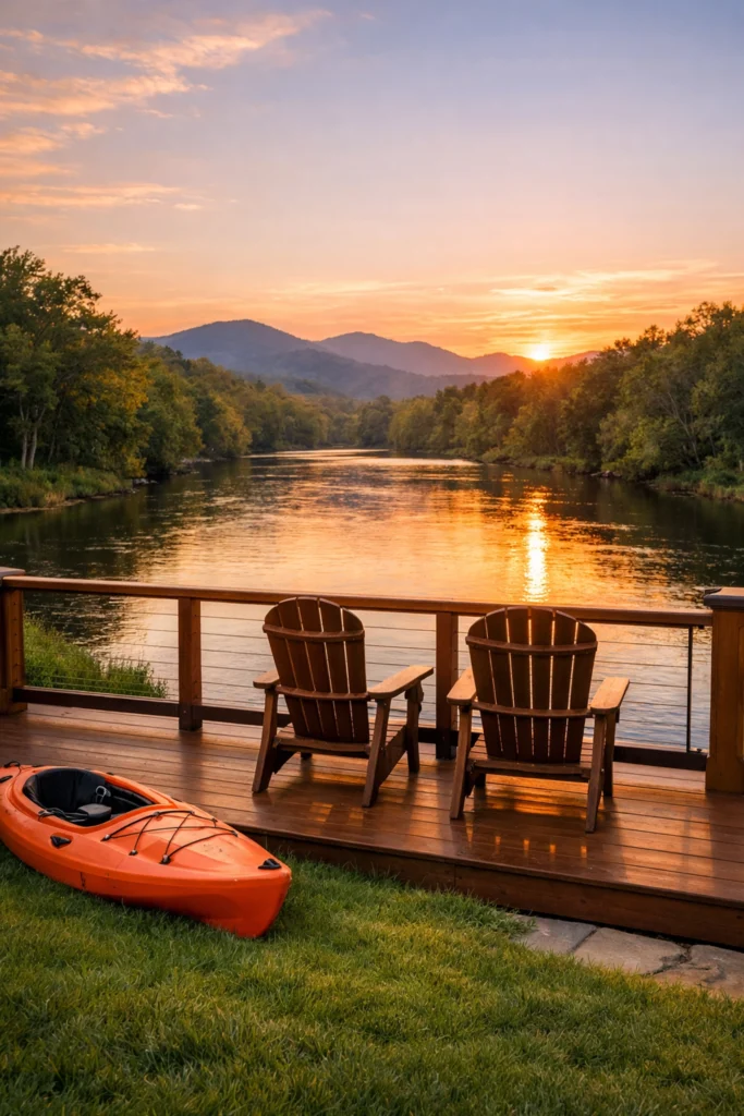 A wide-angle shot of a custom wood deck with Adirondack chairs overlooking a sparkling river, with a colorful kayak pulled up onto a grassy bank in the foreground.)